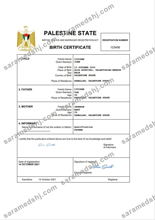 Palestine vital record birth certificate Word and PDF template